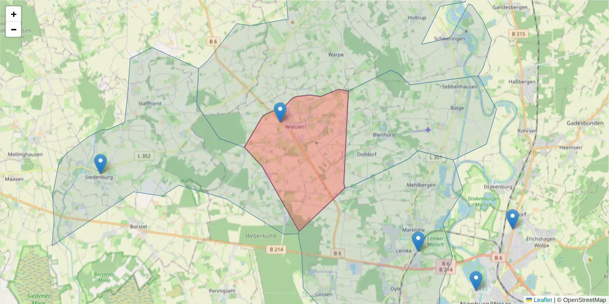 Karte des Postleitzahlen Bereichs  und der umliegenden Postleitzahlen in Deutschland