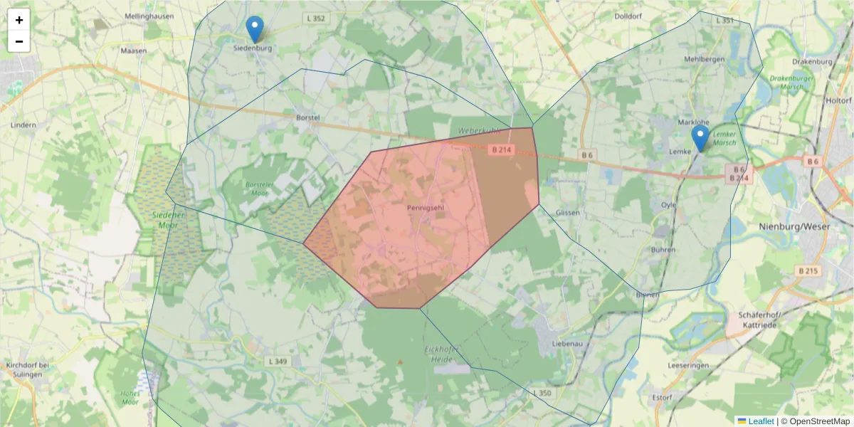 Karte des Postleitzahlen Bereichs  und der umliegenden Postleitzahlen in Deutschland
