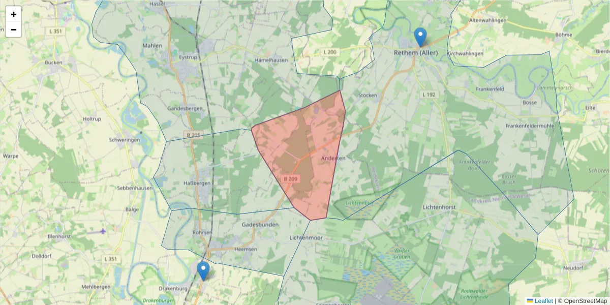 Karte des Postleitzahlen Bereichs  und der umliegenden Postleitzahlen in Deutschland