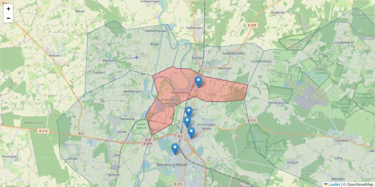 Karte des Postleitzahlen Bereichs  und der umliegenden Postleitzahlen in Deutschland