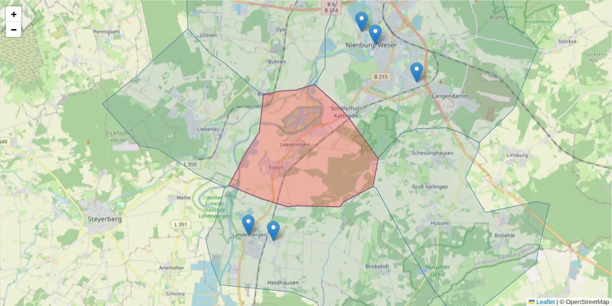 Karte des Postleitzahlen Bereichs  und der umliegenden Postleitzahlen in Deutschland