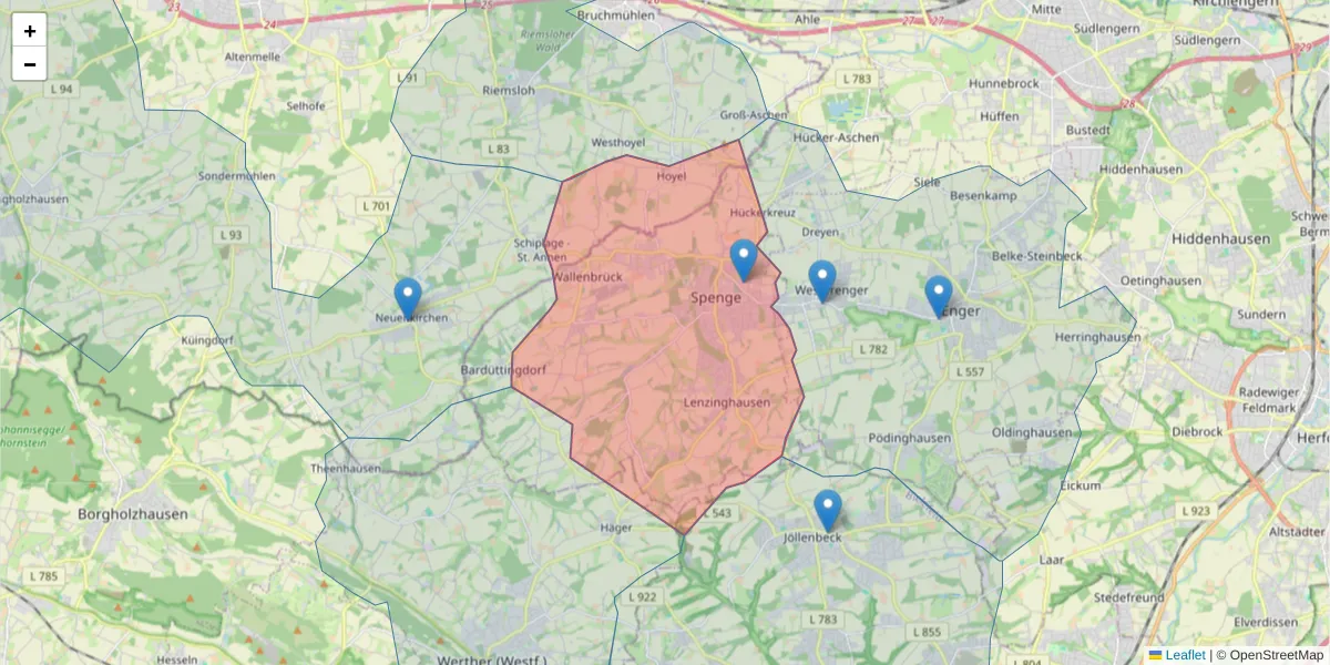 Karte des Postleitzahlen Bereichs  und der umliegenden Postleitzahlen in Deutschland