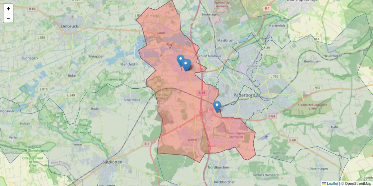 Karte des Postleitzahlen Bereichs  und der umliegenden Postleitzahlen in Deutschland