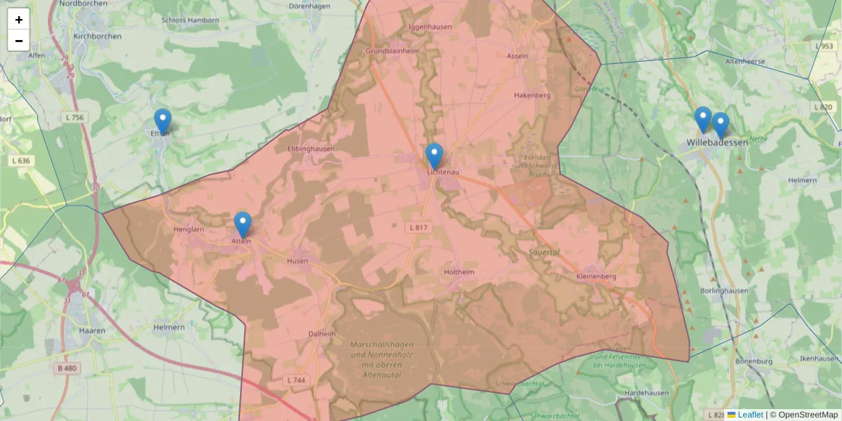 Karte des Postleitzahlen Bereichs  und der umliegenden Postleitzahlen in Deutschland