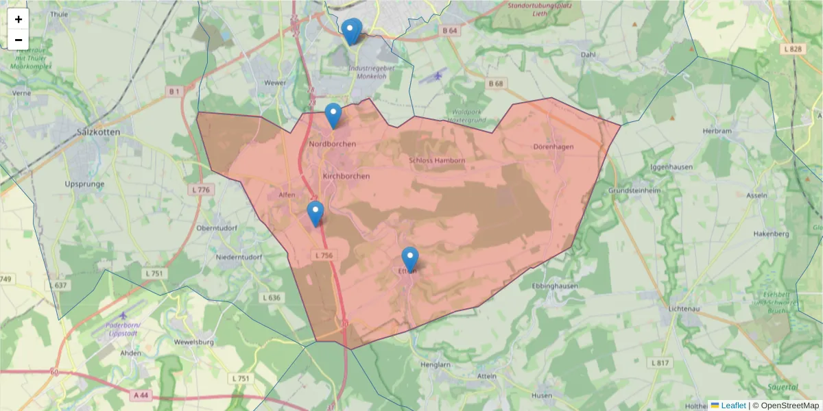 Karte des Postleitzahlen Bereichs  und der umliegenden Postleitzahlen in Deutschland