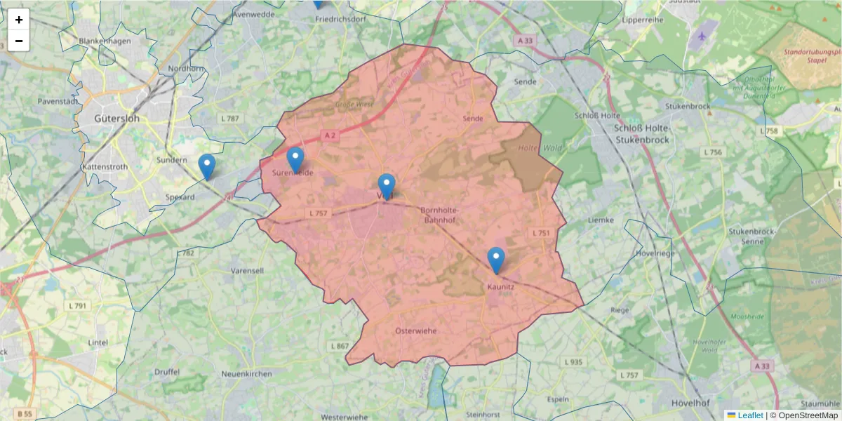 Karte des Postleitzahlen Bereichs  und der umliegenden Postleitzahlen in Deutschland