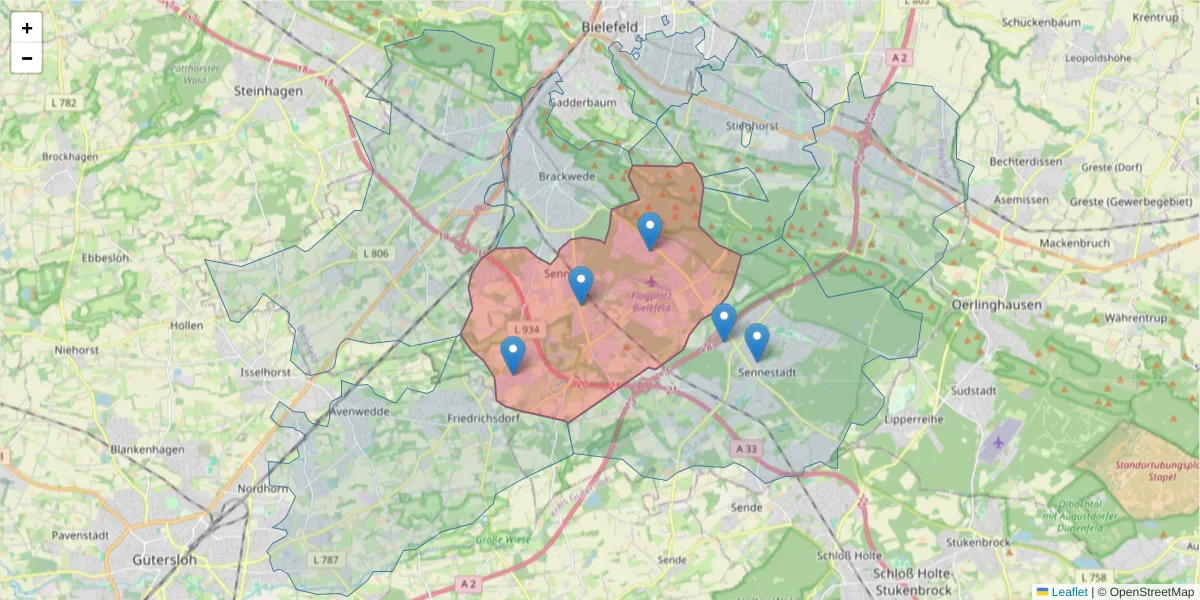 Karte des Postleitzahlen Bereichs  und der umliegenden Postleitzahlen in Deutschland
