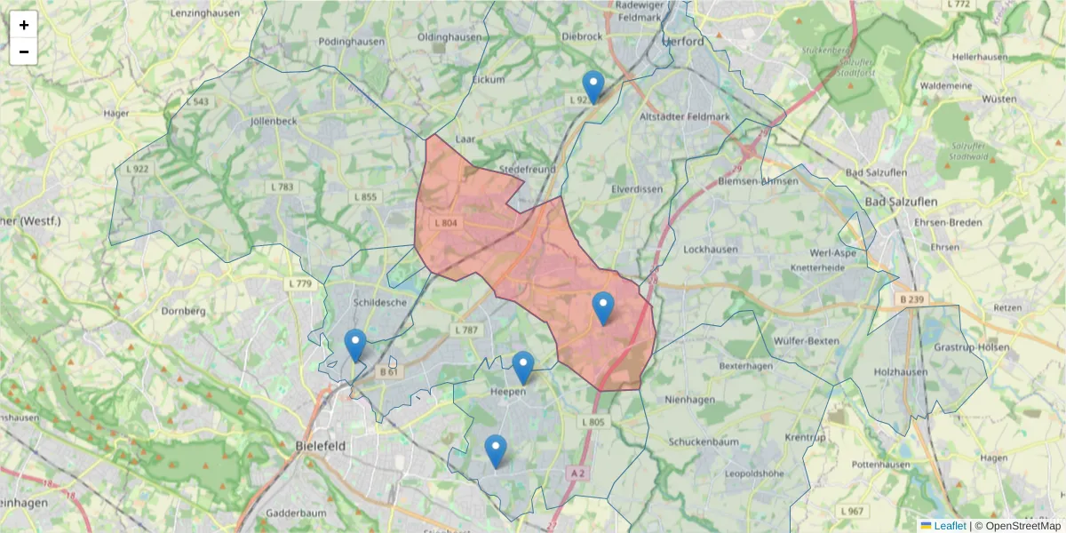 Karte des Postleitzahlen Bereichs  und der umliegenden Postleitzahlen in Deutschland
