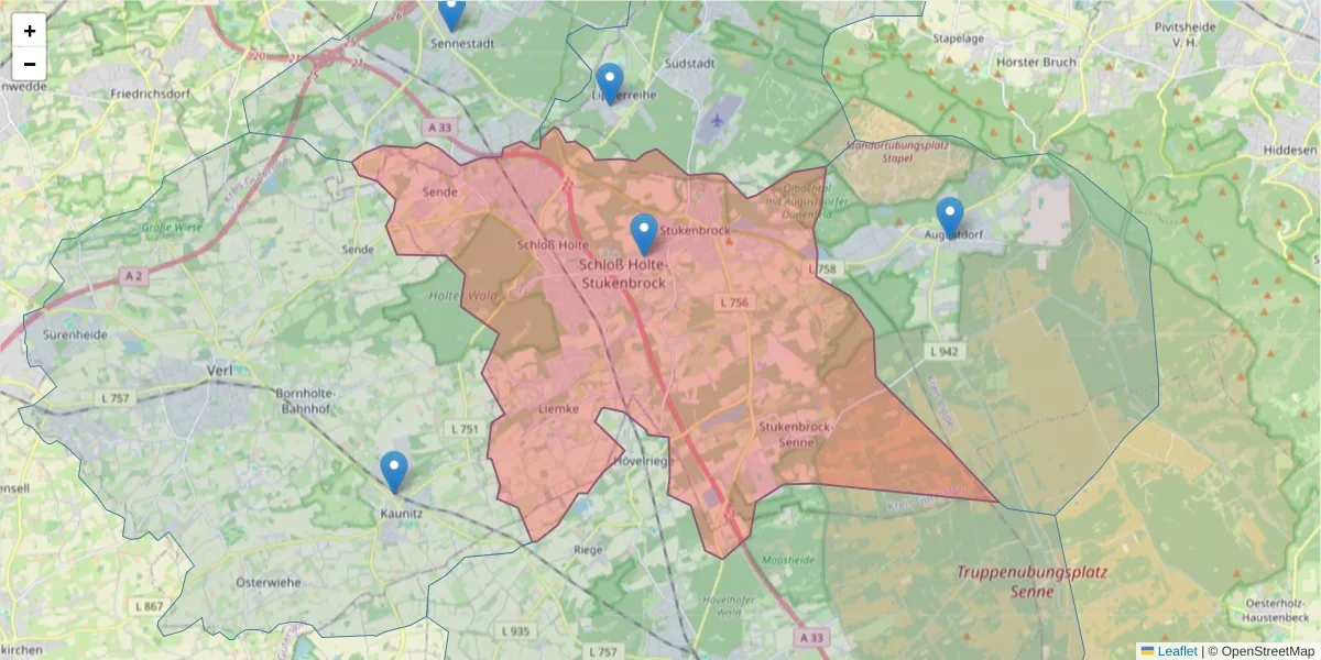 Karte des Postleitzahlen Bereichs  und der umliegenden Postleitzahlen in Deutschland