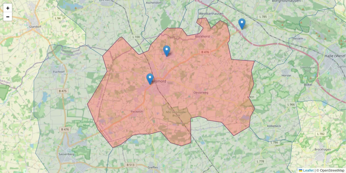 Karte des Postleitzahlen Bereichs  und der umliegenden Postleitzahlen in Deutschland