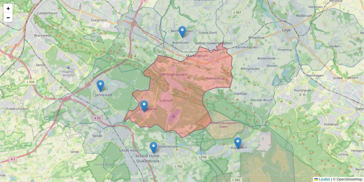 Karte des Postleitzahlen Bereichs  und der umliegenden Postleitzahlen in Deutschland
