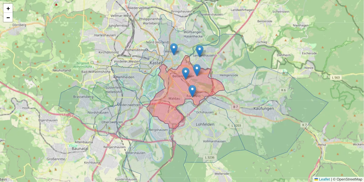 Karte des Postleitzahlen Bereichs  und der umliegenden Postleitzahlen in Deutschland