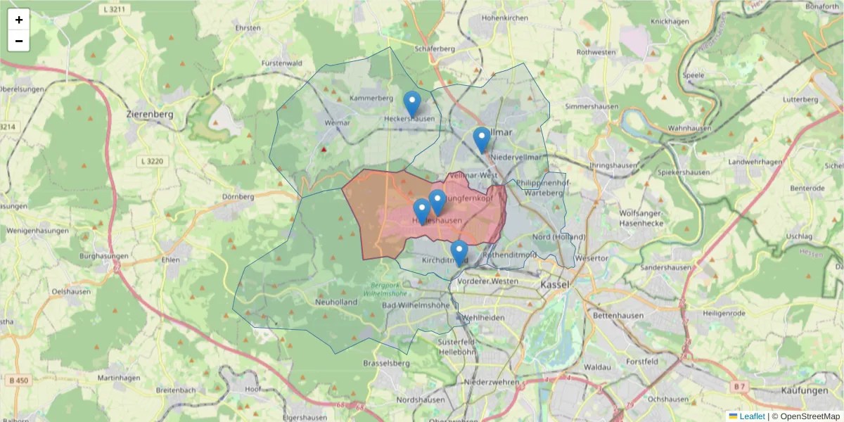 Karte des Postleitzahlen Bereichs  und der umliegenden Postleitzahlen in Deutschland