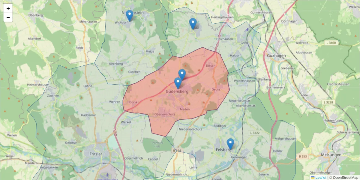 Karte des Postleitzahlen Bereichs  und der umliegenden Postleitzahlen in Deutschland