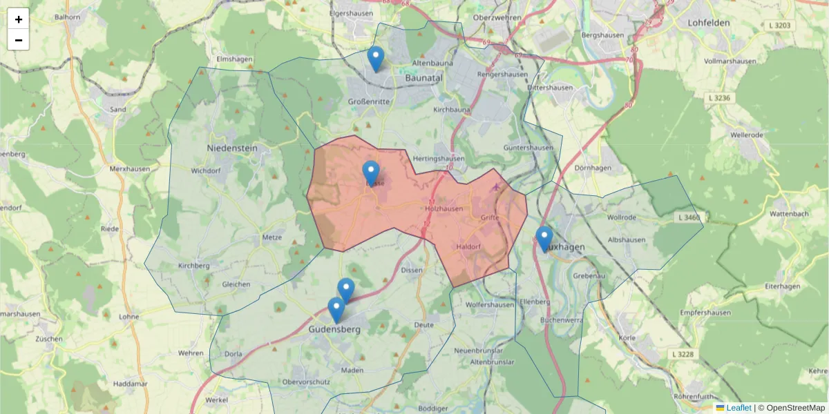 Karte des Postleitzahlen Bereichs  und der umliegenden Postleitzahlen in Deutschland