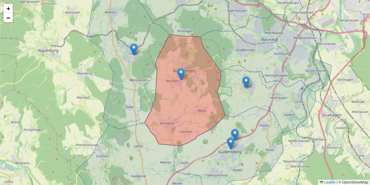 Karte des Postleitzahlen Bereichs  und der umliegenden Postleitzahlen in Deutschland