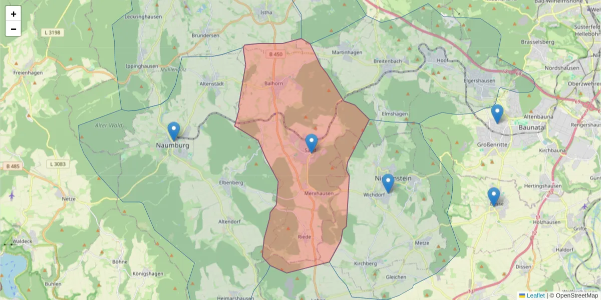 Karte des Postleitzahlen Bereichs  und der umliegenden Postleitzahlen in Deutschland