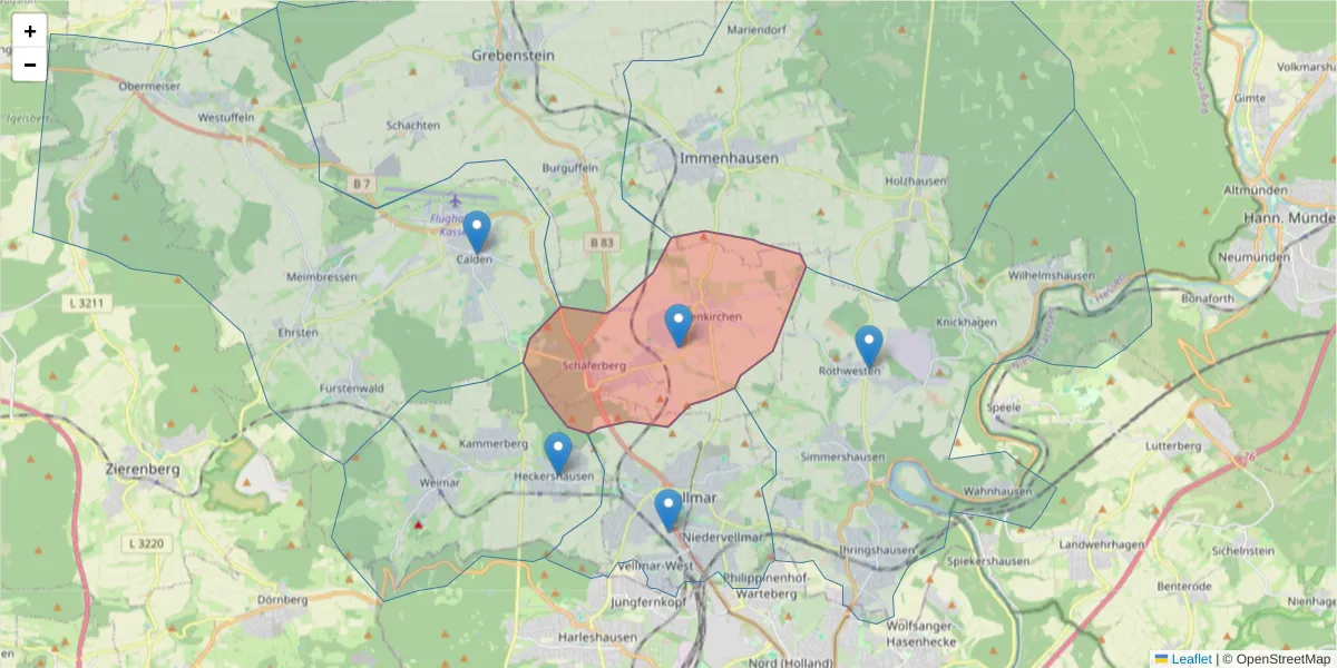 Karte des Postleitzahlen Bereichs  und der umliegenden Postleitzahlen in Deutschland
