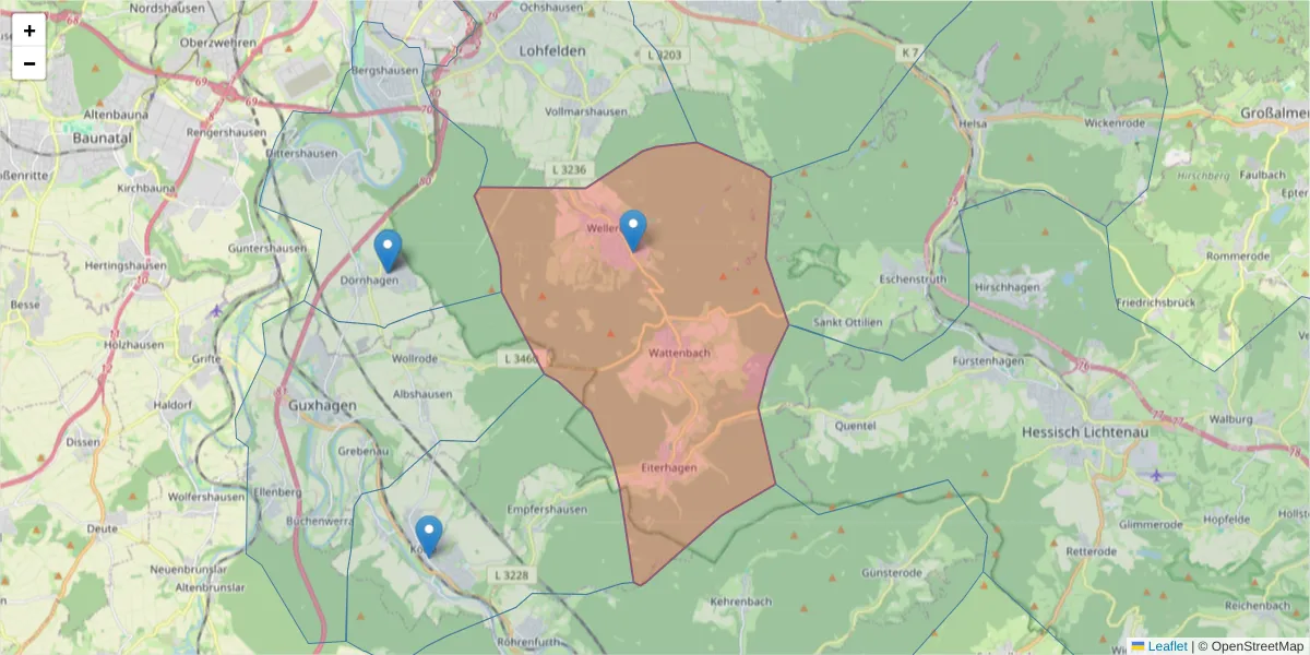 Karte des Postleitzahlen Bereichs  und der umliegenden Postleitzahlen in Deutschland