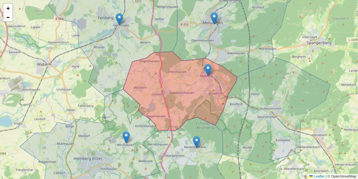 Karte des Postleitzahlen Bereichs  und der umliegenden Postleitzahlen in Deutschland