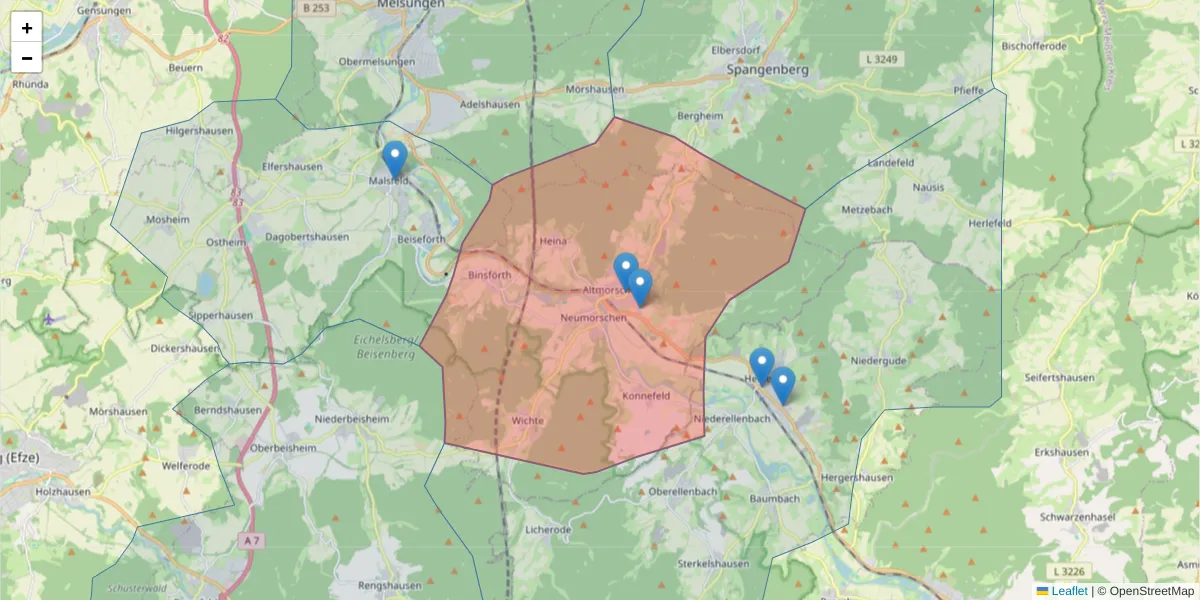 Karte des Postleitzahlen Bereichs  und der umliegenden Postleitzahlen in Deutschland