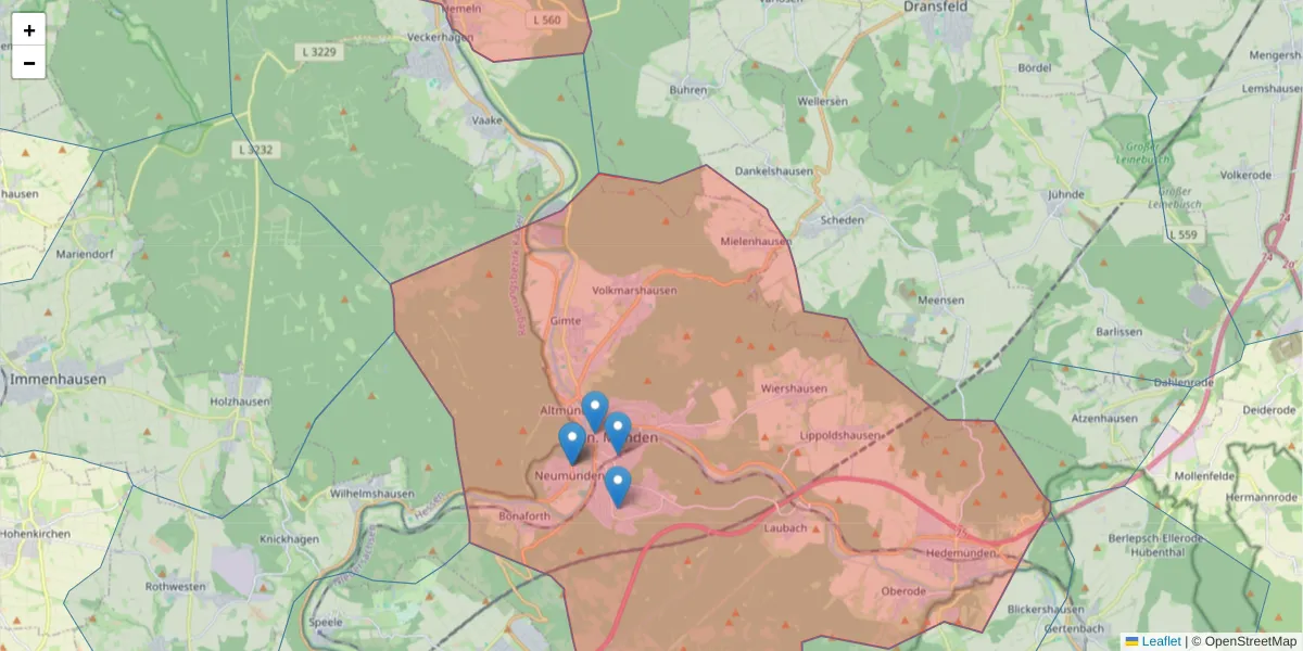 Karte des Postleitzahlen Bereichs  und der umliegenden Postleitzahlen in Deutschland