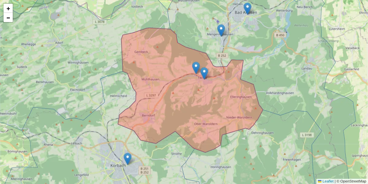 Karte des Postleitzahlen Bereichs  und der umliegenden Postleitzahlen in Deutschland