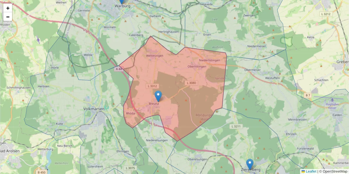 Karte des Postleitzahlen Bereichs  und der umliegenden Postleitzahlen in Deutschland
