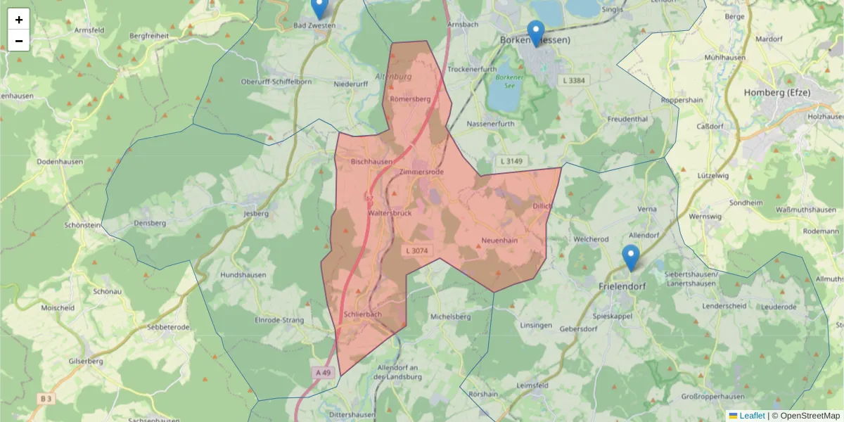 Karte des Postleitzahlen Bereichs  und der umliegenden Postleitzahlen in Deutschland