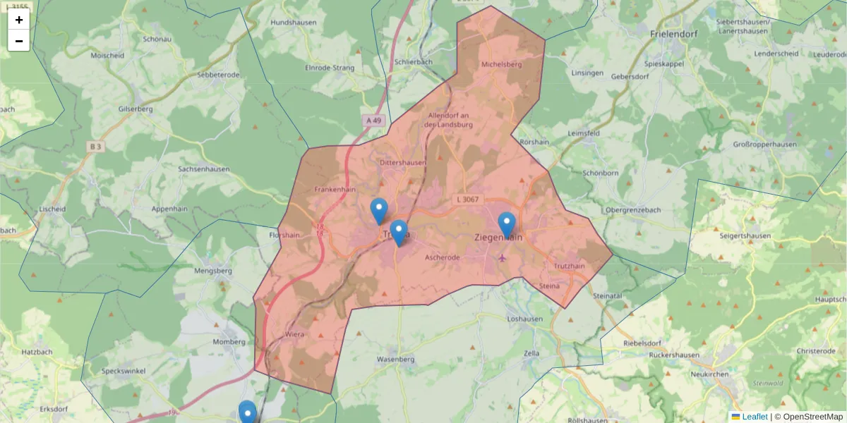 Karte des Postleitzahlen Bereichs  und der umliegenden Postleitzahlen in Deutschland
