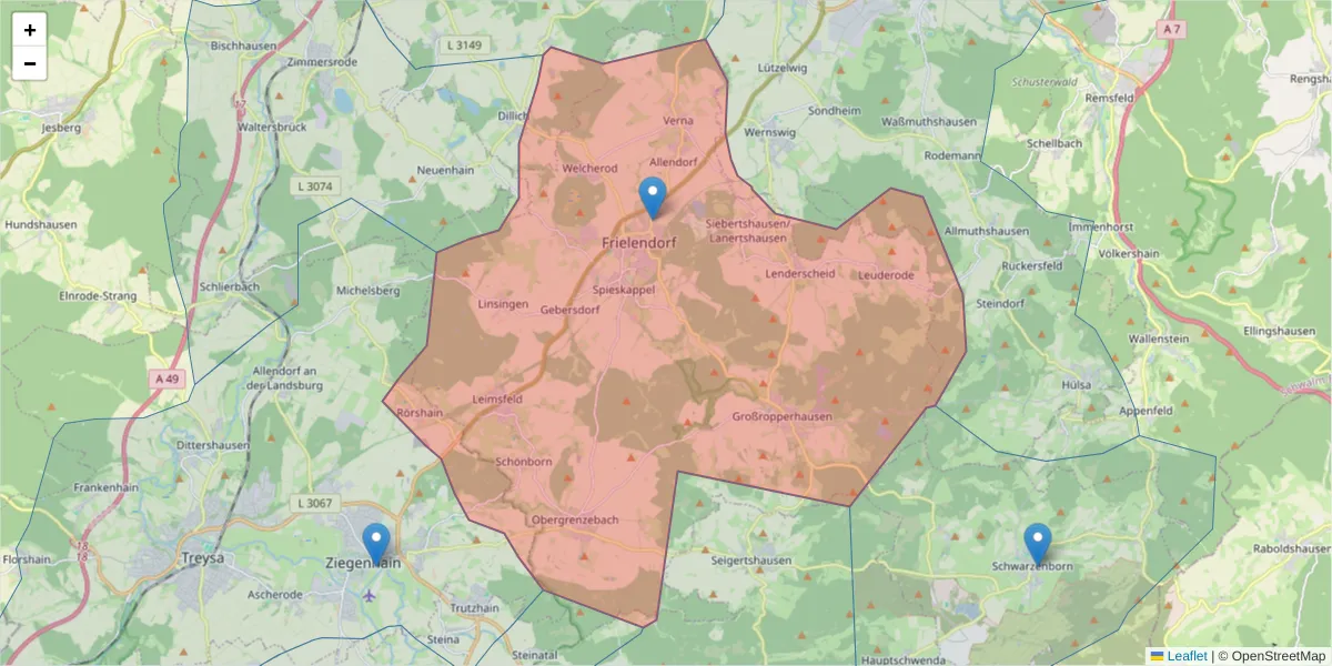Karte des Postleitzahlen Bereichs  und der umliegenden Postleitzahlen in Deutschland