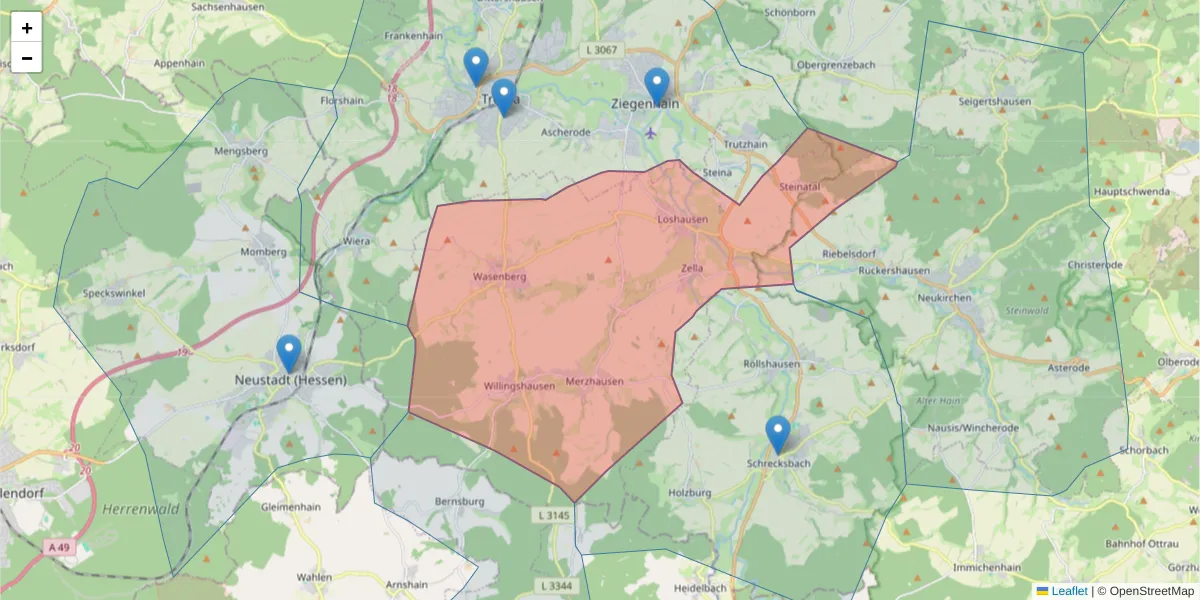 Karte des Postleitzahlen Bereichs  und der umliegenden Postleitzahlen in Deutschland