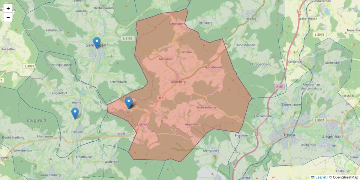 Karte des Postleitzahlen Bereichs  und der umliegenden Postleitzahlen in Deutschland