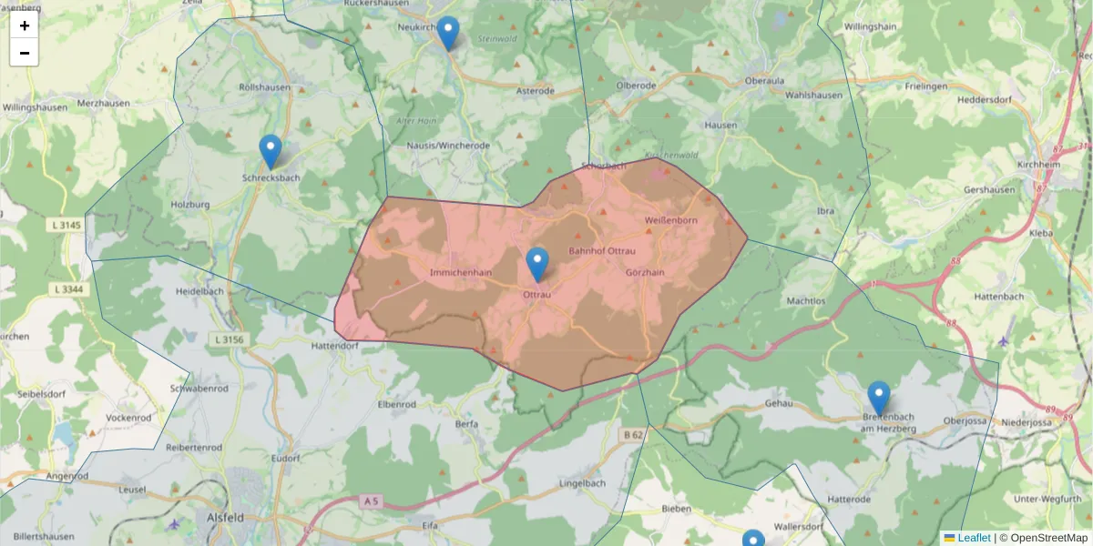 Karte des Postleitzahlen Bereichs  und der umliegenden Postleitzahlen in Deutschland