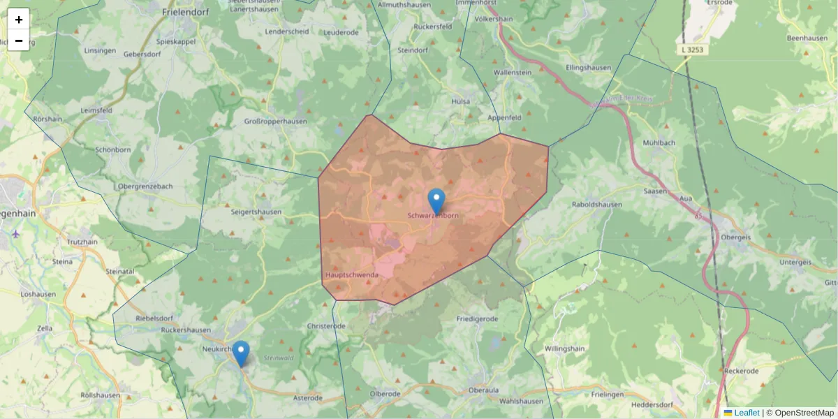 Karte des Postleitzahlen Bereichs  und der umliegenden Postleitzahlen in Deutschland