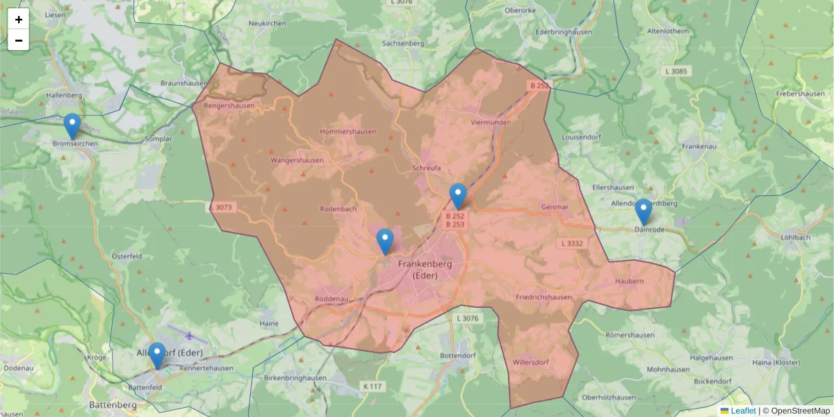 Karte des Postleitzahlen Bereichs  und der umliegenden Postleitzahlen in Deutschland