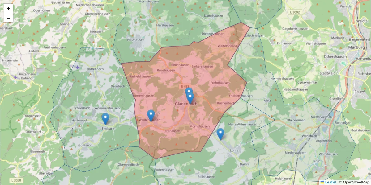 Karte des Postleitzahlen Bereichs  und der umliegenden Postleitzahlen in Deutschland