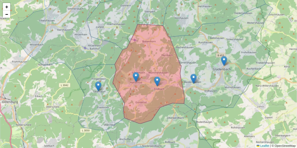 Karte des Postleitzahlen Bereichs  und der umliegenden Postleitzahlen in Deutschland