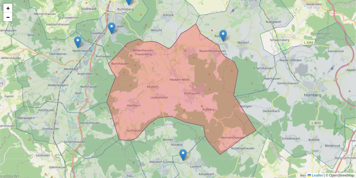 Karte des Postleitzahlen Bereichs  und der umliegenden Postleitzahlen in Deutschland
