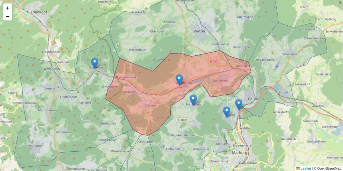 Karte des Postleitzahlen Bereichs  und der umliegenden Postleitzahlen in Deutschland
