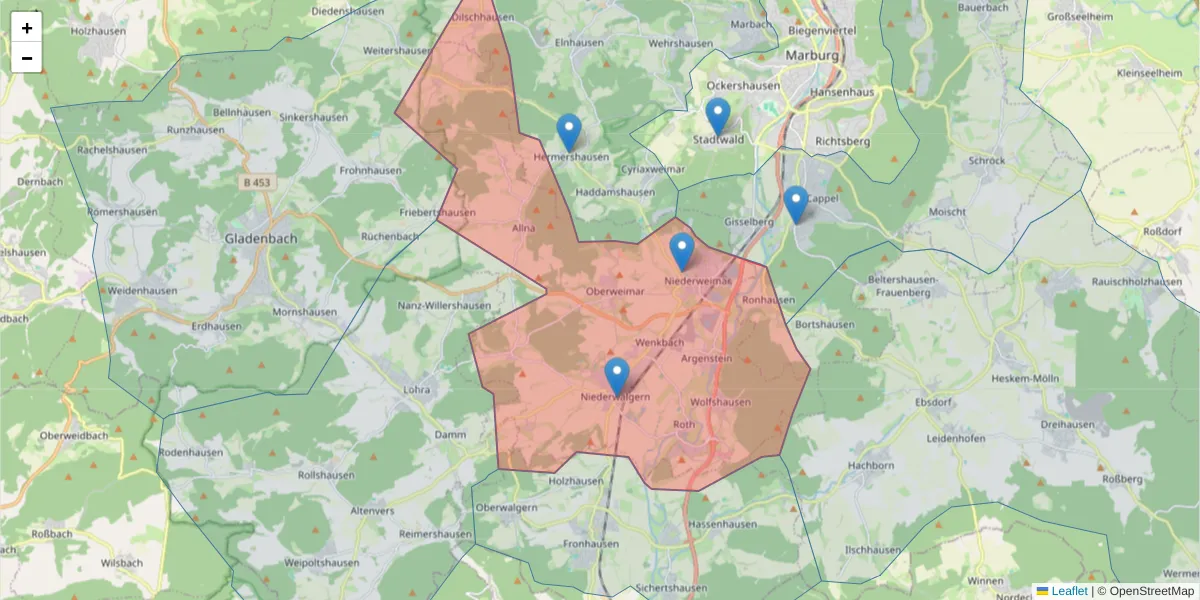 Karte des Postleitzahlen Bereichs  und der umliegenden Postleitzahlen in Deutschland