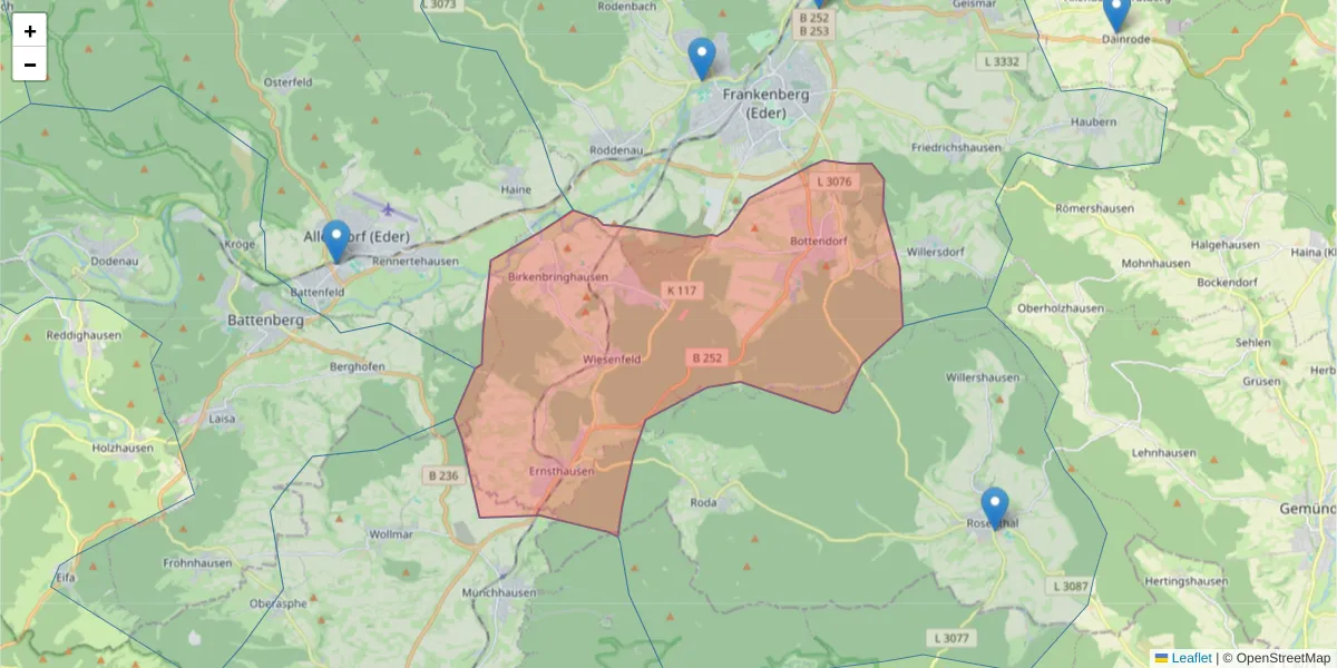 Karte des Postleitzahlen Bereichs  und der umliegenden Postleitzahlen in Deutschland