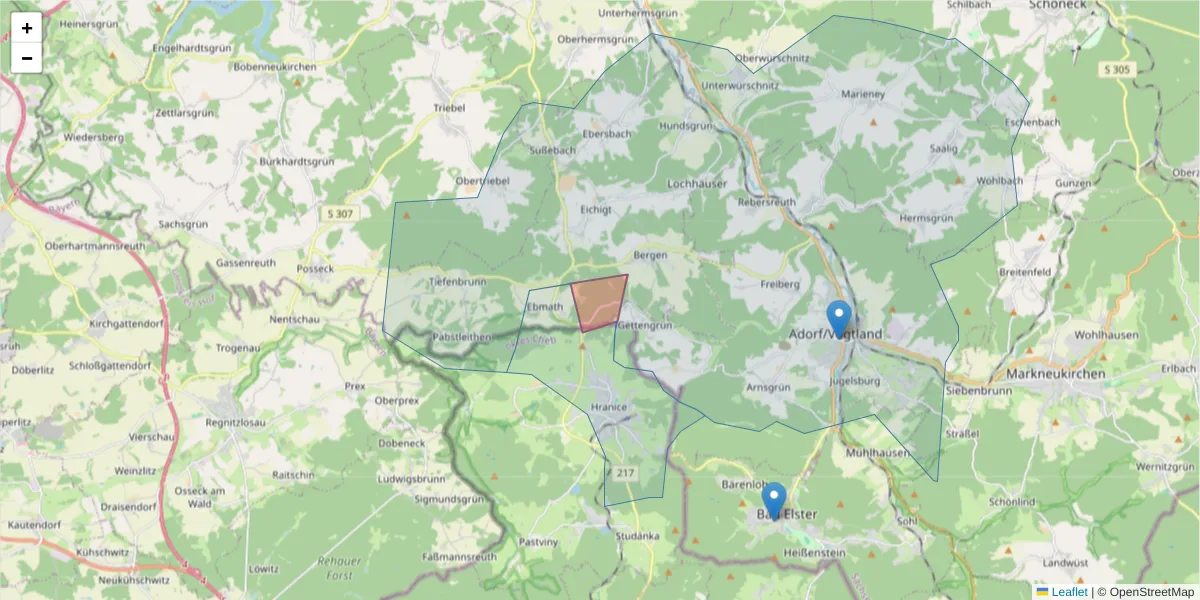 Karte des Postleitzahlen Bereichs  und der umliegenden Postleitzahlen in Deutschland