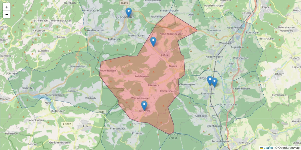 Karte des Postleitzahlen Bereichs  und der umliegenden Postleitzahlen in Deutschland