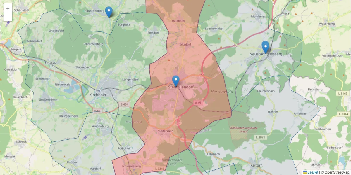 Karte des Postleitzahlen Bereichs  und der umliegenden Postleitzahlen in Deutschland