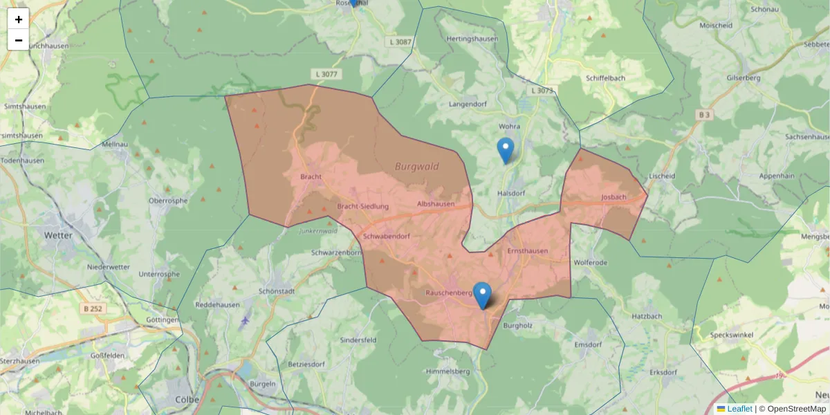 Karte des Postleitzahlen Bereichs  und der umliegenden Postleitzahlen in Deutschland