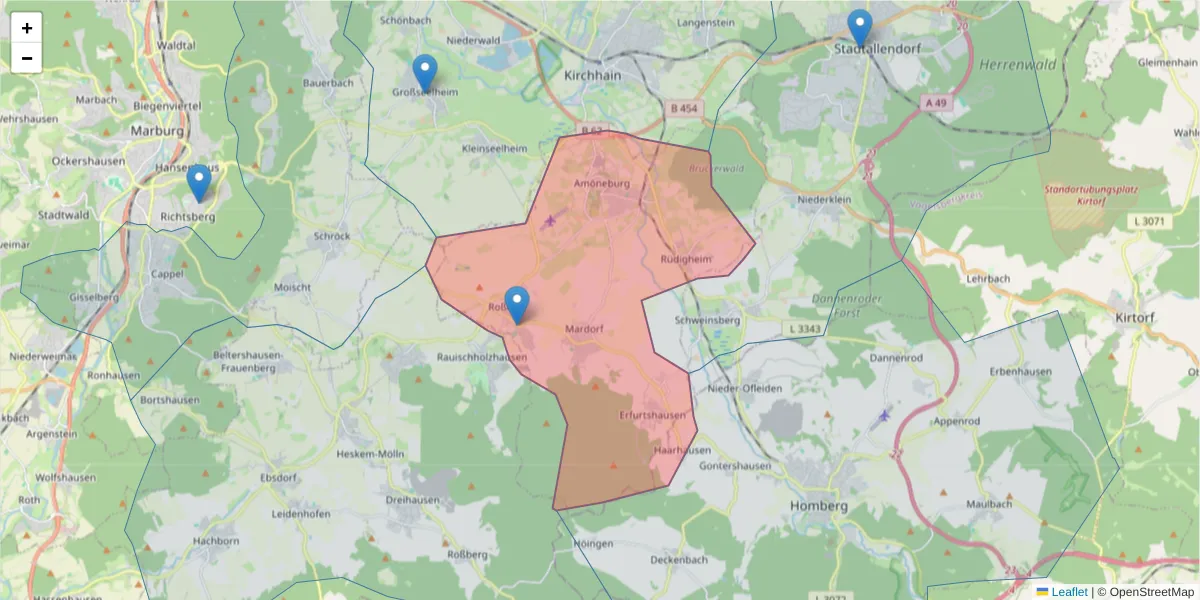 Karte des Postleitzahlen Bereichs  und der umliegenden Postleitzahlen in Deutschland