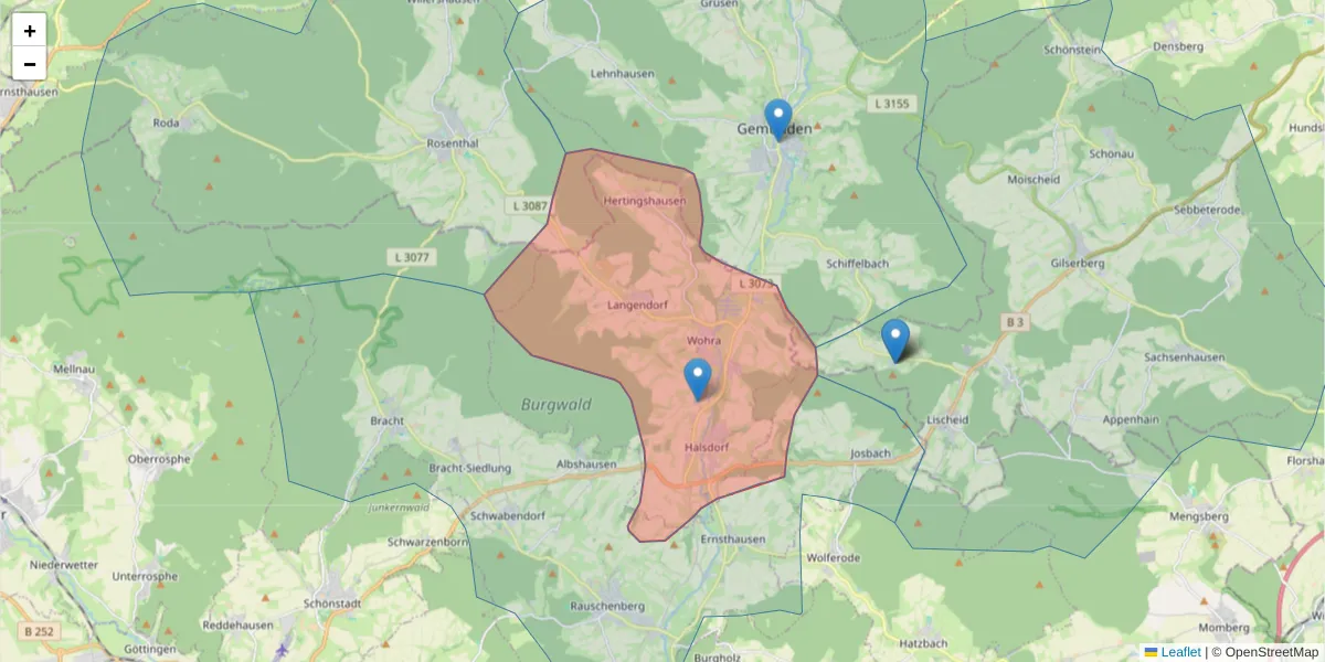 Karte des Postleitzahlen Bereichs  und der umliegenden Postleitzahlen in Deutschland