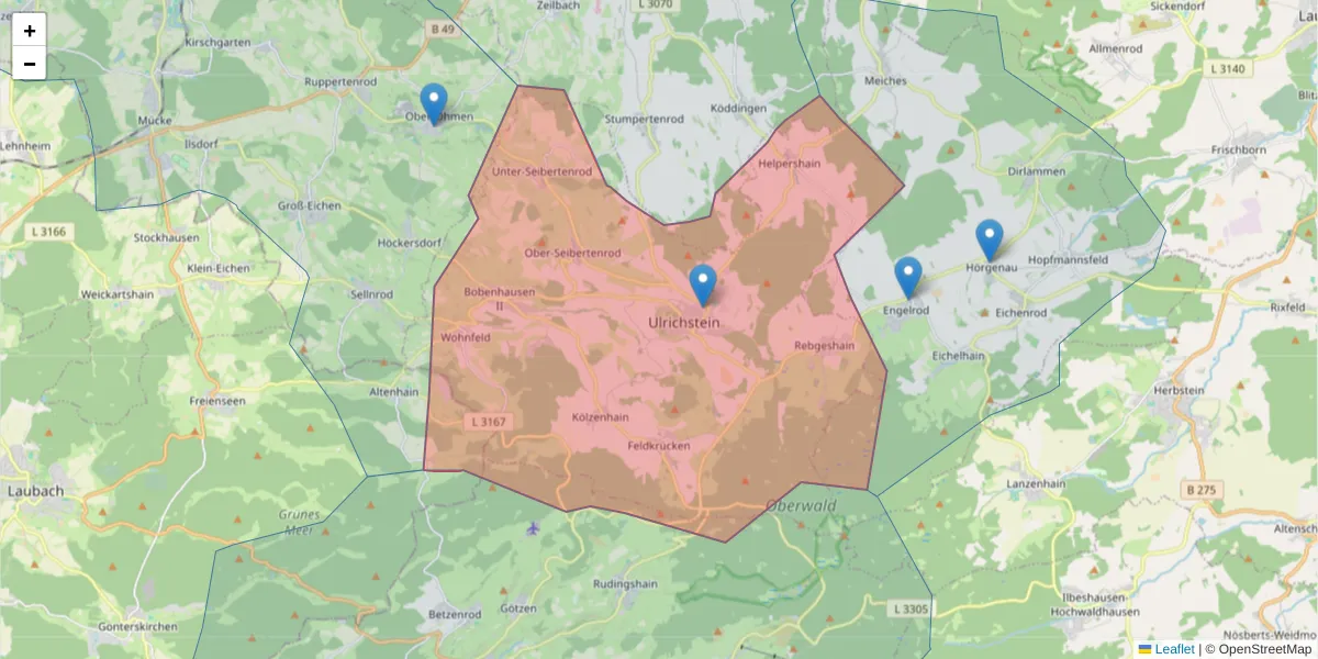 Karte des Postleitzahlen Bereichs  und der umliegenden Postleitzahlen in Deutschland