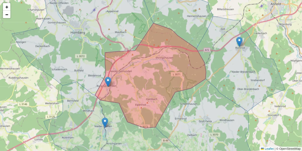 Karte des Postleitzahlen Bereichs  und der umliegenden Postleitzahlen in Deutschland